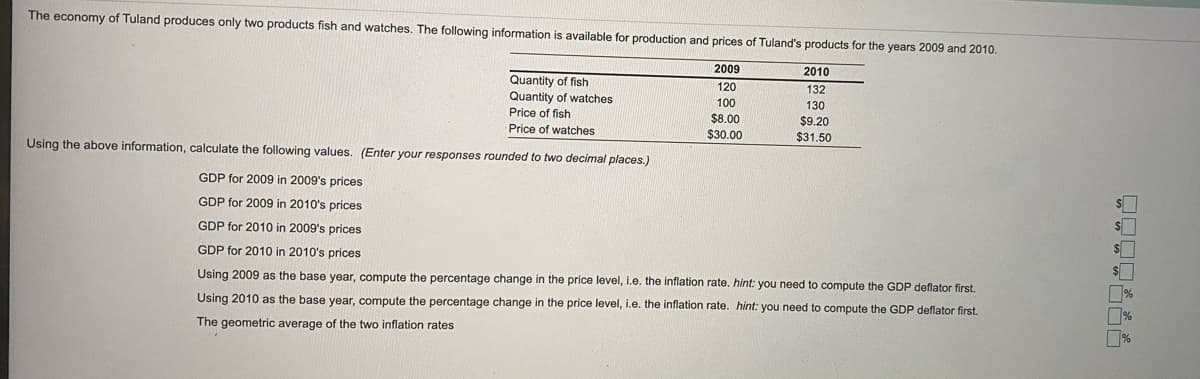 The economy of Tuland produces only two products fish and watches. The following information is available for production and prices of Tuland's products for the years 2009 and 2010.
2010
132
2009
Quantity of fish
120
Quantity of watches
Price of fish
Price of watches
100
130
$8.00
$30.00
$9.20
$31.50
Using the above information, calculate the following values. (Enter your responses rounded to two decimal places.)
GDP for 2009 in 2009's prices
GDP for 2009 in 2010's prices
GDP for 2010 in 2009's prices
GDP for 2010 in 2010's prices
Using 2009 as the base year, compute the percentage change in the price level, i.e. the inflation rate. hint: you need to compute the GDP deflator first.
%
%
%
Using 2010 as the base year, compute the percentage change in the price level, i.e. the inflation rate. hint: you need to compute the GDP deflator first.
The geometric average of the two inflation rates
