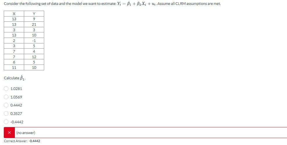 Consider the following set of data and the model we want to estimate: Y = B₁ + B₂X₁ +. Assume all CLRM assumptions are met.
X
13
13
3
13
2
3
7
7
6
11
Calculate 3₁.
1.0281
1.0569
0.4442
0.3527
-0.4442
Y
9
21
3
10
-1
5
4
12
5
10
X (no answer)
Correct Answer: -0.4442