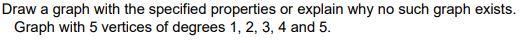 Draw a graph with the specified properties or explain why no such graph exists.
Graph with 5 vertices of degrees 1, 2, 3, 4 and 5.
