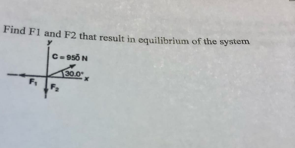 Find F1 and F2 that result in equilibrium of the system
F₁
C = 950 N
F₂
30.0
X