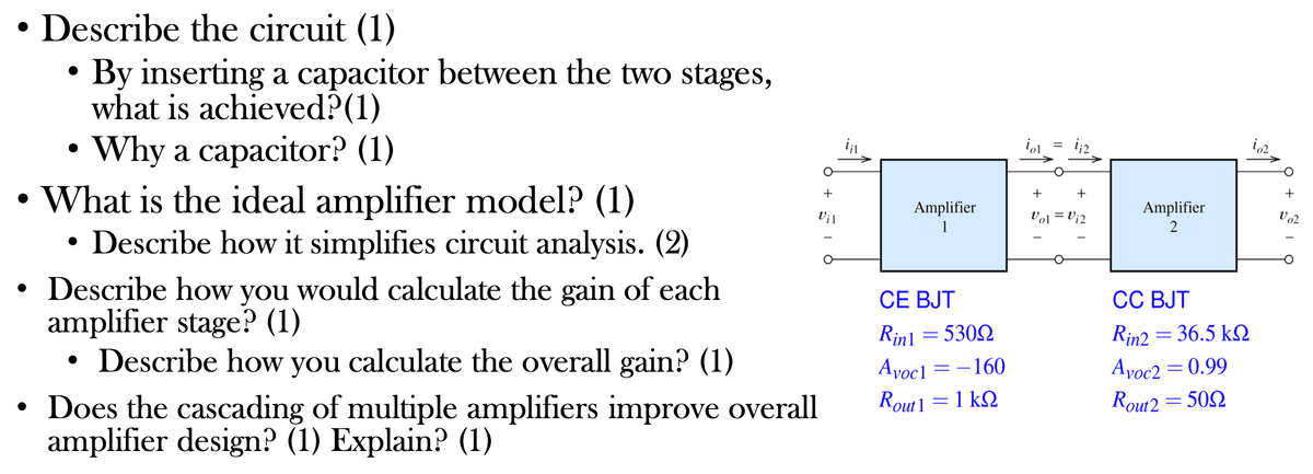 Describe the circuit (1)
By inserting a capacitor between the two stages,
what is achieved? (1)
Why a capacitor? (1)
What is the ideal amplifier model? (1)
Describe how it simplifies circuit analysis. (2)
Describe how you would calculate the gain of each
amplifier stage? (1)
O +
Vil
Describe how you calculate the overall gain? (1)
Does the cascading of multiple amplifiers improve overall
amplifier design? (1) Explain? (1)
.-=-1
Amplifier
1
CE BJT
Rin1 = 5309
Avoc1=-160
Rout1 = 1kQ
+
+
Vol = V₁2
Amplifier
2
CC BJT
Rin2 = 36.5 KQ
Avoc2 = 0.99
Rout2 = 500
i02
+
Vo2