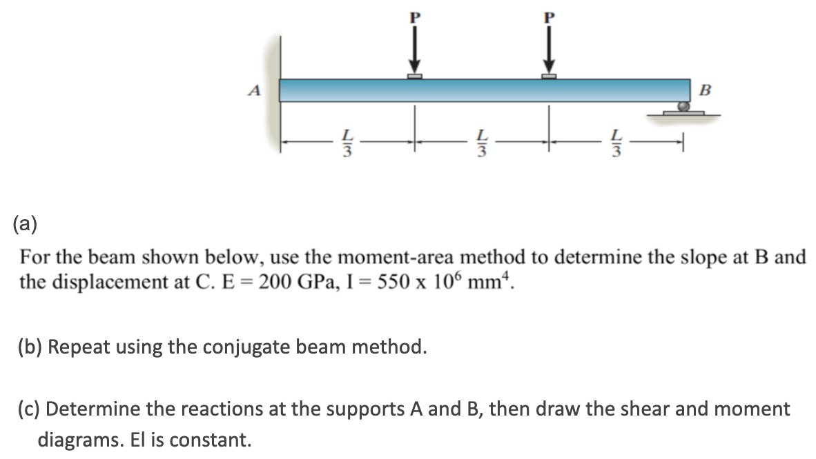 A
B
(a)
For the beam shown below, use the moment-area method to determine the slope at B and
the displacement at C. E = 200 GPa, I = 550 x 106 mmª.
(b) Repeat using the conjugate beam method.
(c) Determine the reactions at the supports A and B, then draw the shear and moment
diagrams. El is constant.