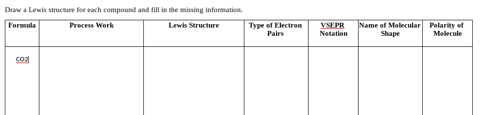 Draw a Lewis structure for each compound and fill in the missing information.
Type of Electron
Pairs
Name of Molecular
Shape
Polarity of
Molecule
Formula
Process Work
Lewis Structure
VSEPR
Notation
Co2
