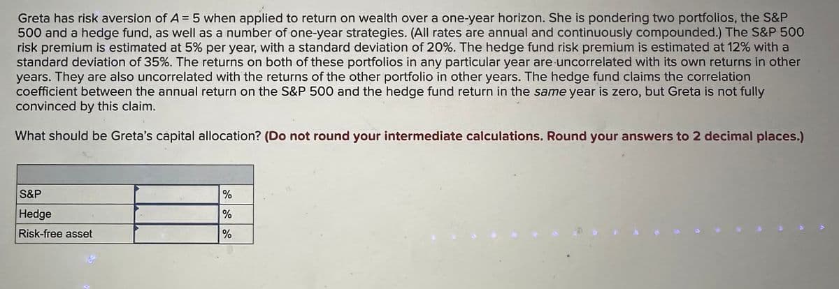 Greta has risk aversion of A = 5 when applied to return on wealth over a one-year horizon. She is pondering two portfolios, the S&P
500 and a hedge fund, as well as a number of one-year strategies. (All rates are annual and continuously compounded.) The S&P 500
risk premium is estimated at 5% per year, with a standard deviation of 20%. The hedge fund risk premium is estimated at 12% with a
standard deviation of 35%. The returns on both of these portfolios in any particular year are-uncorrelated with its own returns in other
years. They are also uncorrelated with the returns of the other portfolio in other years. The hedge fund claims the correlation
coefficient between the annual return on the S&P 500 and the hedge fund return in the same year is zero, but Greta is not fully
convinced by this claim.
What should be Greta's capital allocation? (Do not round your intermediate calculations. Round your answers to 2 decimal places.)
S&P
Hedge
Risk-free asset
%
%
%