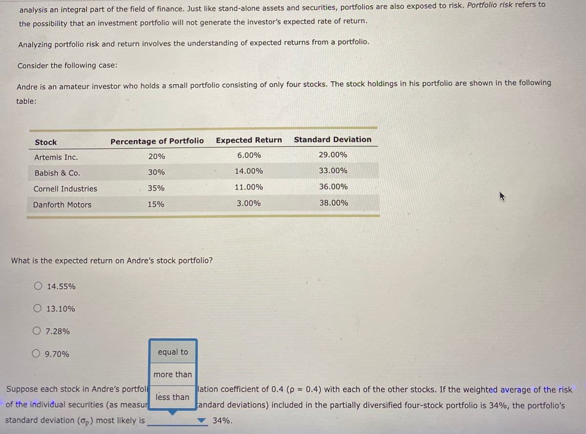 analysis an integral part of the field of finance. Just like stand-alone assets and securities, portfolios are also exposed to risk. Portfolio risk refers to
the possibility that an investment portfolio will not generate the investor's expected rate of return.
Analyzing portfolio risk and return involves the understanding of expected returns from a portfolio.
Consider the following case:
Andre is an amateur investor who holds a small portfolio consisting of only four stocks. The stock holdings in his portfolio are shown in the following
table:
Stock
Artemis Inc.
Babish & Co.
Cornell Industries
Danforth Motors
What is the expected return on Andre's stock portfolio?
O 14.55%
13.10%
7.28%
Percentage of Portfolio
20%
30%
35%
15%
O 9.70%
Suppose each stock in Andre's portfoli
of the individual securities (as measur
standard deviation (op) most likely is
equal to
more than
less than
Expected Return
6.00%
14.00%
11.00%
3.00%
34%.
Standard Deviation
29.00%
33.00%
36.00%
38.00%
lation coefficient of 0.4 (p = 0.4) with each of the other stocks. If the weighted average of the risk
andard deviations) included in the partially diversified four-stock portfolio is 34%, the portfolio's