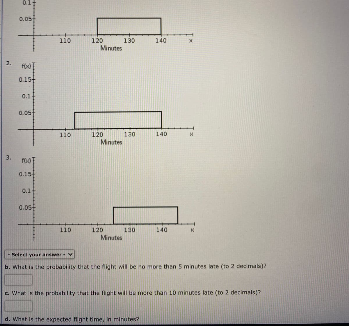 0.1t
0.05+
110
120
130
140
Minutes
2.
f(x) ]
0.15+
0.1
0.05+
110
120
130
140
Minutes
3.
flx)T
0.15+
0.1+
0.05-
110
120
130
140
Minutes
Select your answer - V
b. What is the probability that the flight will be no more than 5 minutes late (to 2 decimals)?
c. What is the probability that the flight will be more than 10 minutes late (to 2 decimals)?
d. What is the expected flight time, in minutes?
