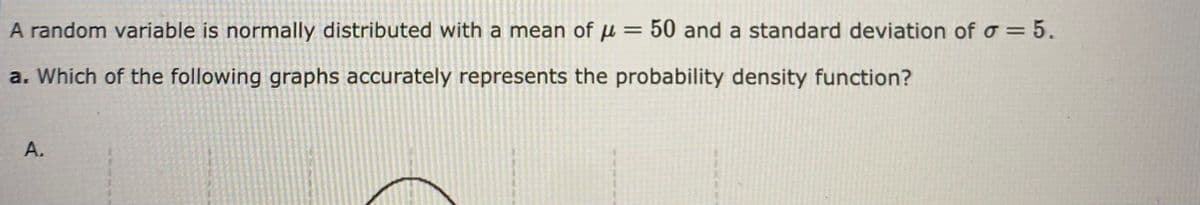 A random variable is normally distributed with a mean of µ = 50 and a standard deviation of o = 5.
a. Which of the following graphs accurately represents the probability density function?
A.
