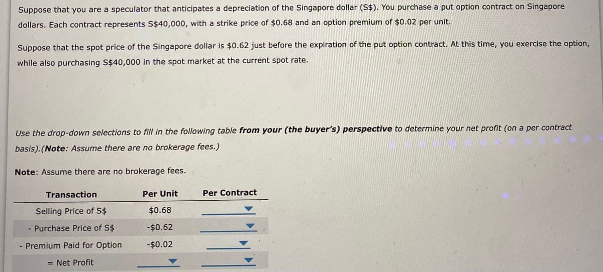 Suppose that you are a speculator that anticipates a depreciation of the Singapore dollar (S$). You purchase a put option contract on Singapore
dollars. Each contract represents S$40,000, with a strike price of $0.68 and an option premium of $0.02 per unit.
Suppose that the spot price of the Singapore dollar is $0.62 just before the expiration of the put option contract. At this time, you exercise the option,
while also purchasing S$40,000 in the spot market at the current spot rate.
Use the drop-down selections to fill in the following table from your (the buyer's) perspective to determine your net profit (on a per contract
basis). (Note: Assume there are no brokerage fees.)
Note: Assume there are no brokerage fees.
Transaction
Selling Price of S$
- Purchase Price of S$
- Premium Paid for Option
= Net Profit
Per Unit
$0.68
-$0.62
-$0.02
Per Contract