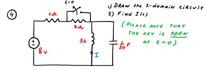 t=0
) DRAW the S-domsin ciRcuiT
2) Find I (+)
(PleasE NOTE
THA T
THE KEY is OPEN
at t=0)
5H
20
I,
