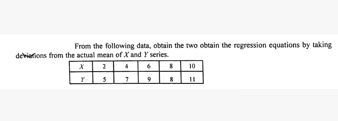 From the following data, obtain the two obtain the regression equations by taking
deviations from the actual mean of X and Y series.
4
10
5
7
9
8
11
