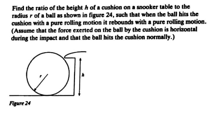 Find the ratio of the height h of a cushion on a snooker table to the
radius r of a ball as shown in figure 24, such that when the ball hits the
cushion with a pure rolling motion it rebounds with a pure rolling motion.
(Assume that the force exerted on the ball by the cushion is horizontal
during the impact and that the ball hits the cushion normally.)
Figure 24
