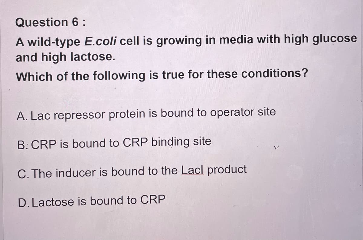 Question 6 :
A wild-type E.coli cell is growing in media with high glucose
and high lactose.
Which of the following is true for these conditions?
A. Lac repressor protein is bound to operator site
B. CRP is bound to CRP binding site
C. The inducer is bound to the Lacl product
D. Lactose is bound to CRP
