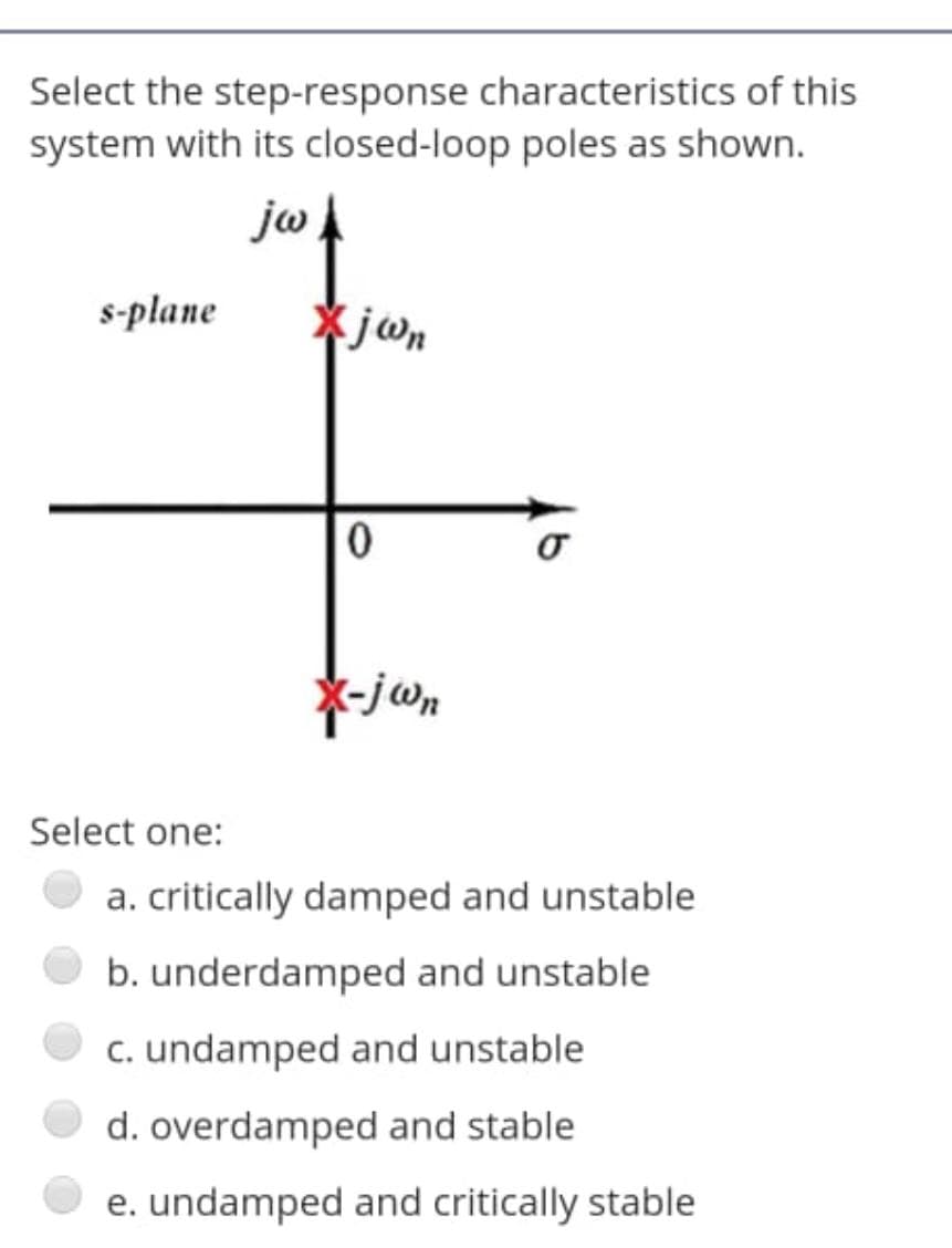 Select the step-response characteristics of this
system with its closed-loop poles as shown.
jw
s-plane
*jwn
Select one:
a. critically damped and unstable
b. underdamped and unstable
c. undamped and unstable
d. overdamped and stable
e. undamped and critically stable
