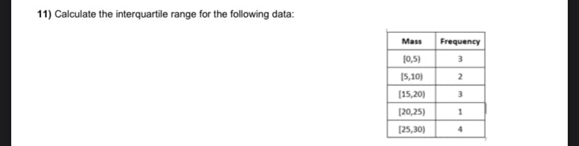 11) Calculate the interquartile range for the following data:
Mass
(0,5)
[5,10)
[15,20)
[20,25)
[25,30)
Frequency
3
2
3
1
4