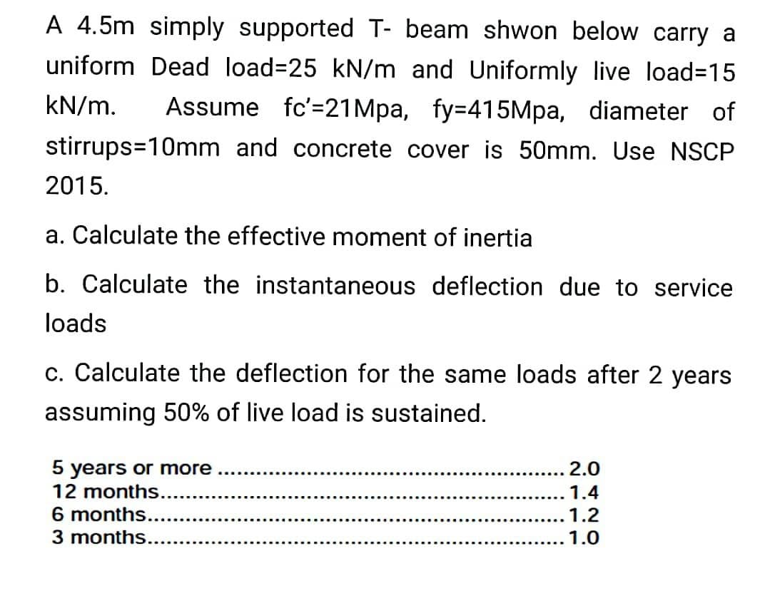 A 4.5m simply supported T- beam shwon below carry a
uniform Dead load=25 kN/m and Uniformly live load=15
kN/m. Assume fc'=21 Mpa, fy=415Mpa, diameter of
stirrups=10mm and concrete cover is 50mm. Use NSCP
2015.
a. Calculate the effective moment of inertia
b. Calculate the instantaneous deflection due to service
loads
c. Calculate the deflection for the same loads after 2 years
assuming 50% of live load is sustained.
5 years or more
12 months...
6 months.
3 months..
2.0
1.4
1.2
1.0