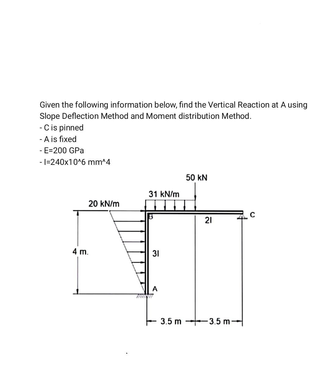 Given the following information below, find the Vertical Reaction at A using
Slope Deflection Method and Moment distribution Method.
- C is pinned
- A is fixed
- E-200 GPa
- 1=240x10^6 mm^4
20 kN/m
4 m.
31 kN/m
31
A
3.5 m
50 KN
21
-3.5 m-
с