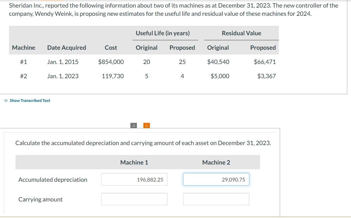 Sheridan Inc., reported the following information about two of its machines as at December 31, 2023. The new controller of the
company, Wendy Weink, is proposing new estimates for the useful life and residual value of these machines for 2024.
Machine Date Acquired
#1
#2
Jan. 1, 2015
Jan. 1, 2023
Show Transcribed Text
Accumulated depreciation
Cost
$854,000
Carrying amount
119,730
3
Useful Life (in years)
Original Proposed
20
5
Ć
Machine 1
25
196,882.25
4
Residual Value
Calculate the accumulated depreciation and carrying amount of each asset on December 31, 2023.
Original
$40,540
$5,000
Machine 2
Proposed
$66,471
$3,367
29,090.75