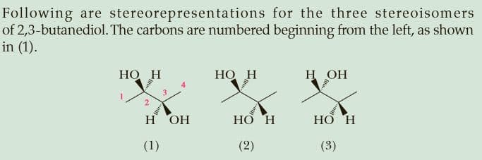 Following are stereorepresentations for the three stereoisomers
of 2,3-butanediol. The carbons are numbered beginning from the left, as shown
in (1).
НО Н
НО Н
н он
3.
н он
НО н
НО Н
(1)
(2)
(3)
