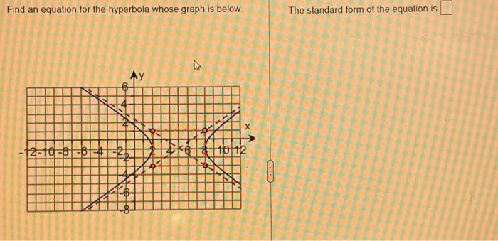 Find an equation for the hyperbola whose graph is below.
-12-10-8-6-4-2₂
NE
X
1012
C
D
The standard form of the equation is