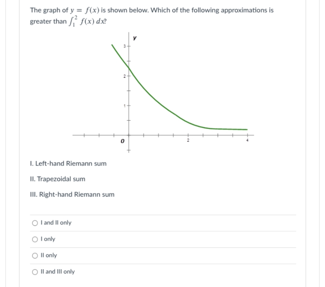 The graph of y = f(x) is shown below. Which of the following approximations is
greater than
f(x) dx?
I. Left-hand Riemann sum
II. Trapezoidal sum
III. Right-hand Riemann sum
O I and II only
O I only
O II only
O II and III only
0