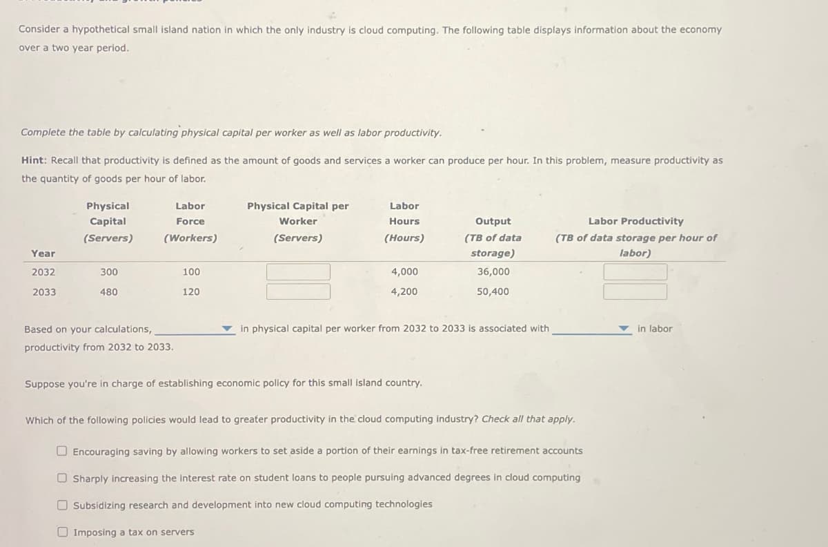 Consider a hypothetical small island nation in which the only industry is cloud computing. The following table displays information about the economy
over a two year period.
Complete the table by calculating physical capital per worker as well as labor productivity.
Hint: Recall that productivity is defined as the amount of goods and services a worker can produce per hour. In this problem, measure productivity as
the quantity of goods per hour of labor.
Physical
Capital
(Servers)
Labor
Force
(Workers)
Physical Capital per
Worker
Labor
(Servers)
Hours
(Hours)
Year
Output
(TB of data
storage)
Labor Productivity
(TB of data storage per hour of
labor)
2032
300
100
2033
480
120
4,000
4,200
36,000
50,400
Based on your calculations,
productivity from 2032 to 2033.
in physical capital per worker from 2032 to 2033 is associated with
Suppose you're in charge of establishing economic policy for this small island country.
Which of the following policies would lead to greater productivity in the cloud computing industry? Check all that apply.
ㅁㅁ
Encouraging saving by allowing workers to set aside a portion of their earnings in tax-free retirement accounts
Sharply increasing the Interest rate on student loans to people pursuing advanced degrees in cloud computing
Subsidizing research and development into new cloud computing technologies
Imposing a tax on servers
in labor