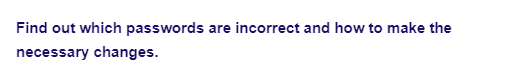 Find out which passwords are incorrect and how to make the
necessary changes.