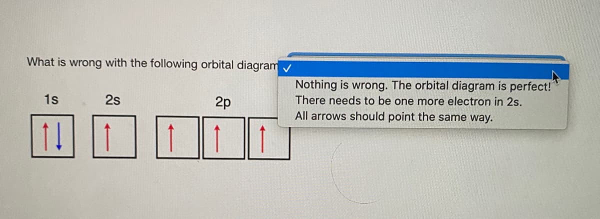 What is wrong with the following orbital diagram v
Nothing is wrong. The orbital diagram is perfect!
There needs to be one more electron in 2s.
1s
2s
2p
All arrows should point the same way.
