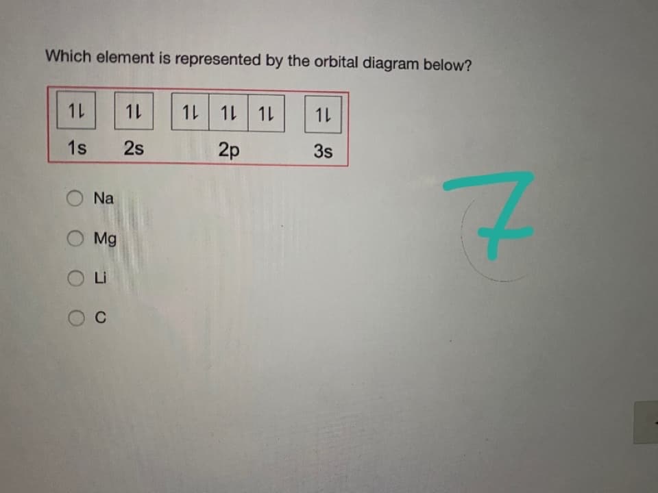 Which element is represented by the orbital diagram below?
1L
1L 1L
1L
3s
1L
1L
1s
2s
2p
Na
O Mg
Li
C
