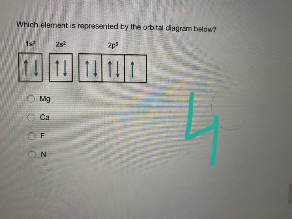 Which element is represented by the orbital diagram below?
1s2
2s2
2p5
111 1
Mg
Ca
0 0 0 O
