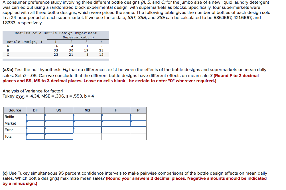 A consumer preference study involving three different bottle designs (A, B, and C) for the jumbo size of a new liquid laundry detergent
was carried out using a randomized block experimental design, with supermarkets as blocks. Specifically, four supermarkets were
supplied with all three bottle designs, which were priced the same. The following table gives the number of bottles of each design sold
in a 24-hour period at each supermarket. If we use these data, SST, SSB, and SSE can be calculated to be 586.1667, 421.6667, and
1.8333, respectively.
Results of a Bottle Design Experiment
Supermarket, j
Bottle Design, i
1
4
A
16
14
1
6
B
33
30
19
23
23
21
12
(a&b) Test the null hypothesis H, that no differences exist between the effects of the bottle designs and supermarkets on mean daily
sales. Set a = .05. Can we conclude that the different bottle designs have different effects on mean sales? (Round F to 2 decimal
places and SS, MS to 3 decimal places. Leave no cells blank - be certain to enter "O" wherever required.)
Analysis of Variance for factorl
Tukey q.05 = 4.34, MSE = .306, s = .553, b = 4
Source
DF
MS
F
P
Bottle
Market
Error
Total
(c) Use Tukey simultaneous 95 percent confidence intervals to make pairwise comparisons of the bottle design effects on mean daily
sales. Which bottle design(s) maximize mean sales? (Round your answers 2 decimal places. Negative amounts should be indicated
by a minus sign.)
