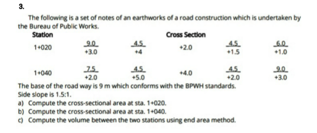 3.
The following is a set of notes of an earthworks of a road construction which is undertaken by
the Bureau of Public Works.
Station
Cross Section
4.5.
4.5
6.0
+1.0
1+020
+2.0
+3.0
+4
+1.5
15.
4.5.
+5.0
4.5.
+2.0
9.0
+3.0
1+040
+4.0
+2.0
The base of the road way is 9 m which conforms with the BPWH standards.
Side slope is 1.5:1.
a) Compute the cross-sectional area at sta. 1+020.
b) Compute the cross-sectional area at sta. 1+040.
c) Compute the volume between the two stations using end area method.
