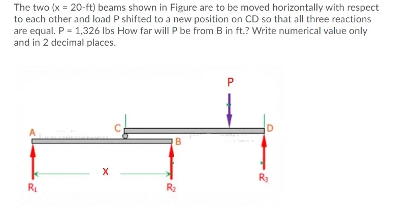 The two (x = 2O-ft) beams shown in Figure are to be moved horizontally with respect
to each other and load P shifted to a new position on CD so that all three reactions
are equal. P = 1,326 Ibs How far will P be from B in ft.? Write numerical value only
and in 2 decimal places.
C
D
A
R3
R1
R2
