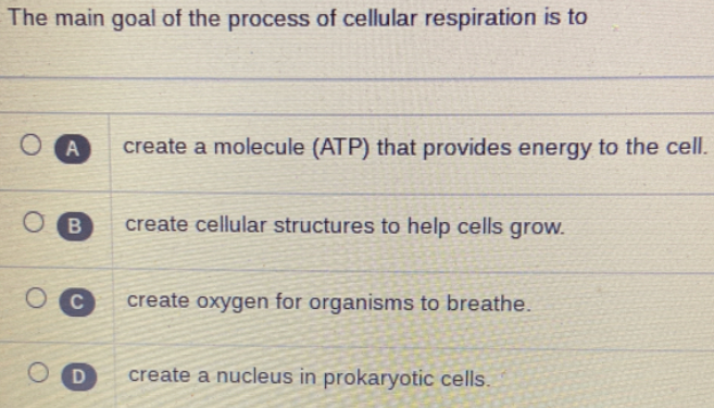 The main goal of the process of cellular respiration is to
O A
create a molecule (ATP) that provides energy to the cell.
O B
create cellular structures to help cells grow.
O C
create oxygen for organisms to breathe.
D
create a nucleus in prokaryotic cells.
