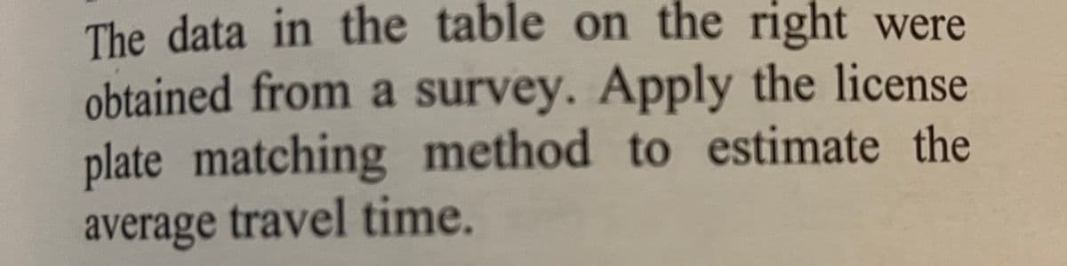 The data in the table on the right were
obtained from a survey. Apply the license
plate matching method to estimate the
average travel time.