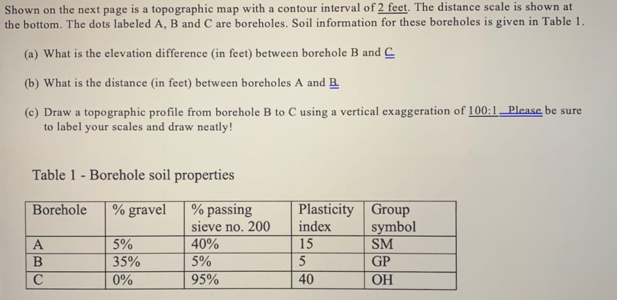 Shown on the next page is a topographic map with a contour interval of 2 feet. The distance scale is shown at
the bottom. The dots labeled A, B and C are boreholes. Soil information for these boreholes is given in Table 1.
(a) What is the elevation difference (in feet) between borehole B and C
(b) What is the distance (in feet) between boreholes A and B
(c) Draw a topographic profile from borehole B to C using a vertical exaggeration of 100:1 Please be sure
to label your scales and draw neatly!
Table 1 - Borehole soil properties
Plasticity Group
symbol
SM
Borehole
% gravel
% passing
sieve no. 200
index
5%
40%
15
35%
5%
5
GP
0%
95%
40
OH
ABC
