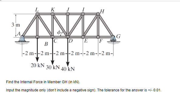 3 m
A
K J
ANZA
D
H
C
B
-2 m2 m2 m2 m2 m2 m-
20 KN 30 KN 40 kN
E F
G
Find the Internal Force in Member GH (in kN).
Input the magnitude only (don't include a negative sign). The tolerance for the answer is +/- 0.01.