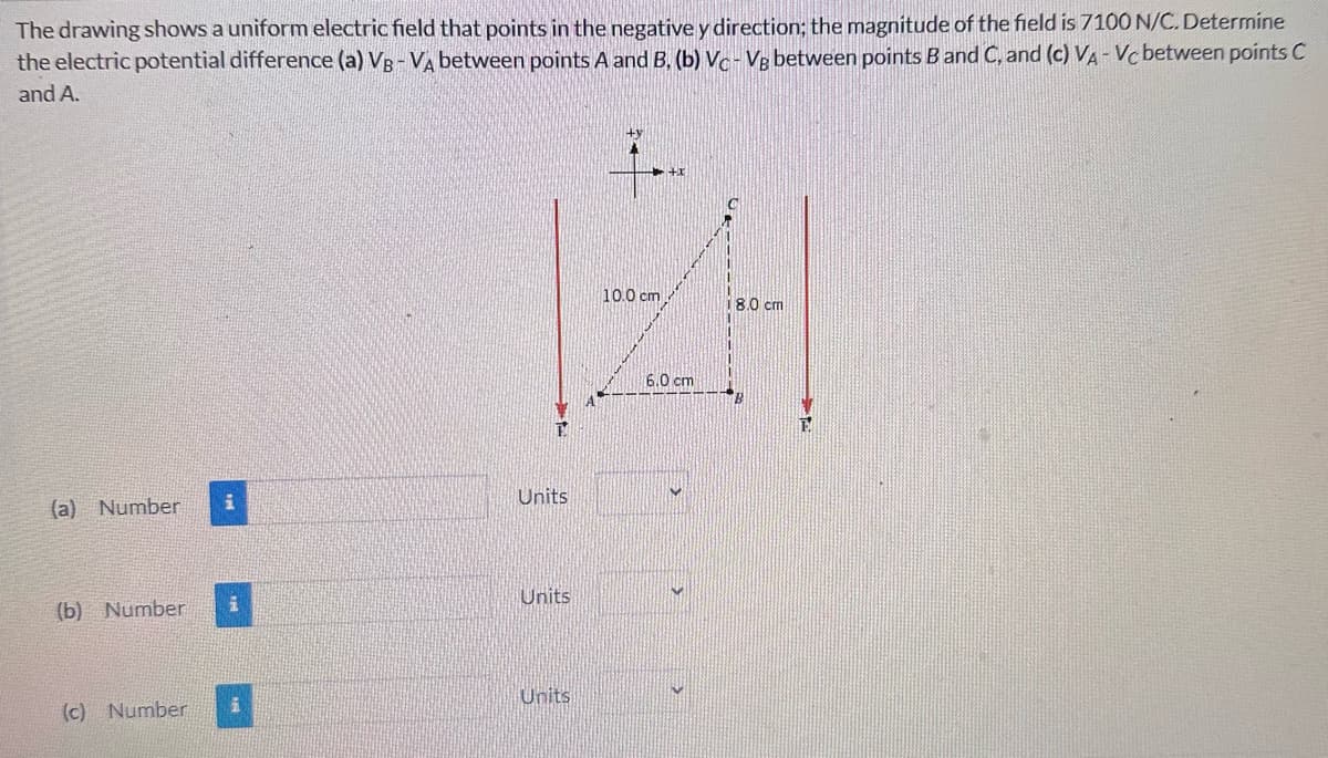 The drawing shows a uniform electric field that points in the negative y direction; the magnitude of the field is 7100 N/C. Determine
the electric potential difference (a) VB-VA between points A and B, (b) Vc - Vg between points B and C, and (c) VA-Vc between points C
and A.
(a) Number
i
(b) Number i
(c) Number i
Units
Units
Units
10.0 cm
+x
6.0 cm
18.0 cm