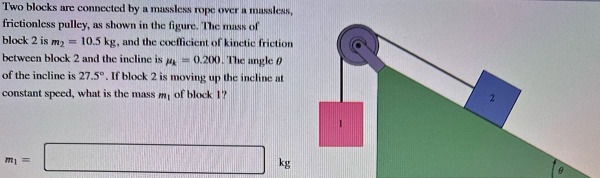 Two blocks are connected by a massless rope over a massless,
frictionless pulley, as shown in the figure. The mass of
block 2 is m₂ = 10.5 kg, and the coefficient of kinetic friction
between block 2 and the incline is 0.200. The angle 0
of the incline is 27.5°. If block 2 is moving up the incline at
constant speed, what is the mass m₁ of block 1?
m1 =
=
kg
2
9