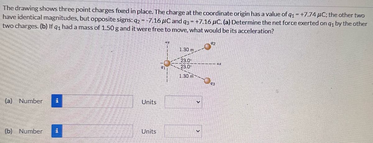 The drawing shows three point charges fixed in place. The charge at the coordinate origin has a value of 91=+7.74 μC; the other two
have identical magnitudes, but opposite signs: q2 = -7.16 μC and q3 = +7.16 μC. (a) Determine the net force exerted on q₁ by the other
two charges. (b) If q₁ had a mass of 1.50 g and it were free to move, what would be its acceleration?
(a) Number
(b) Number
i
Units
Units
1.30 m
23.0
23.0
1.30 m
92
43
+x