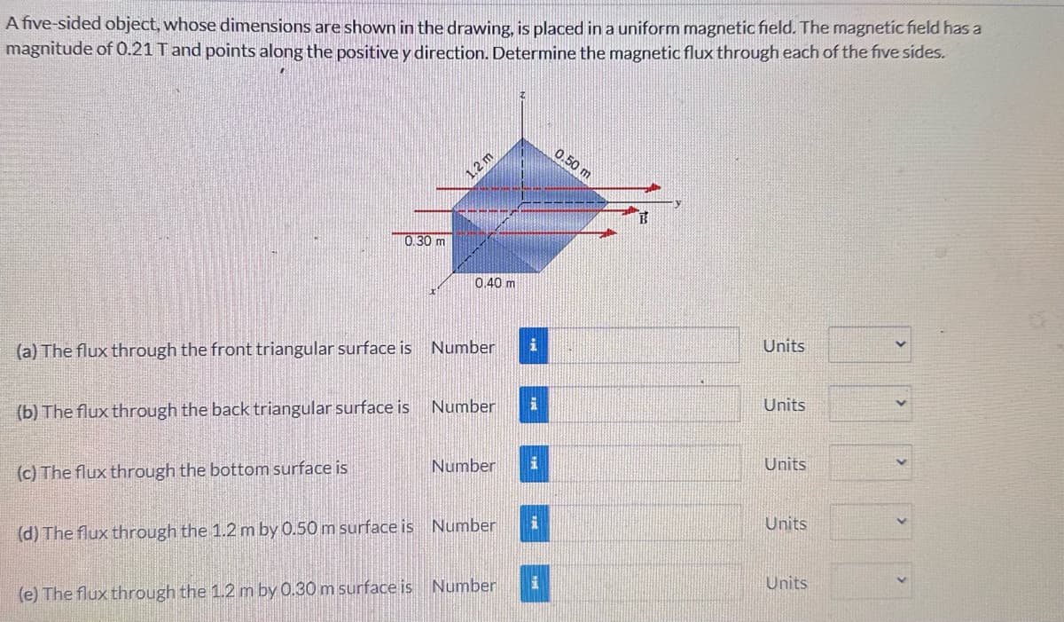 A five-sided object, whose dimensions are shown in the drawing, is placed in a uniform magnetic field. The magnetic field has a
magnitude of 0.21 T and points along the positive y direction. Determine the magnetic flux through each of the five sides.
0.30 m
1.2 m
0.40 m
0.50 m
B
(a) The flux through the front triangular surface is Number
i
Units
(b) The flux through the back triangular surface is
Number
Units
(c) The flux through the bottom surface is
Number
Units
(d) The flux through the 1.2 m by 0.50 m surface is Number
Units
(e) The flux through the 1.2 m by 0.30 m surface is Number
Units
<
<