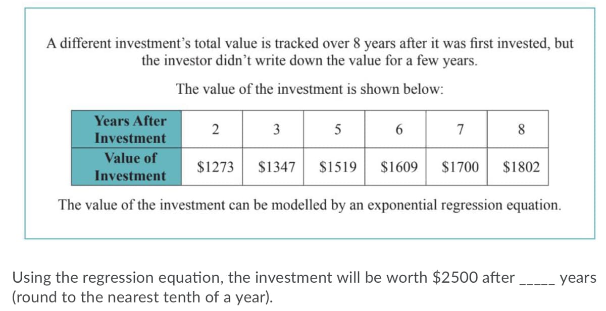 A different investment's total value is tracked over 8 years after it was first invested, but
the investor didn't write down the value for a few years.
The value of the investment is shown below:
Years After
2
3
7
8
Investment
Value of
$1273
$1347
$1519
$1609
$1700
$1802
Investment
The value of the investment can be modelled by an exponential regression equation.
Using the regression equation, the investment will be worth $2500 after
(round to the nearest tenth of a year).
years
