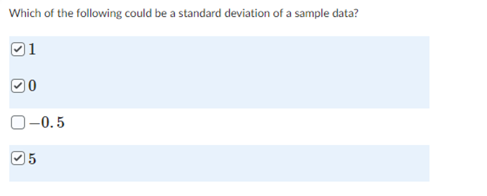 Which of the following could be a standard deviation of a sample data?
0-0.5
5