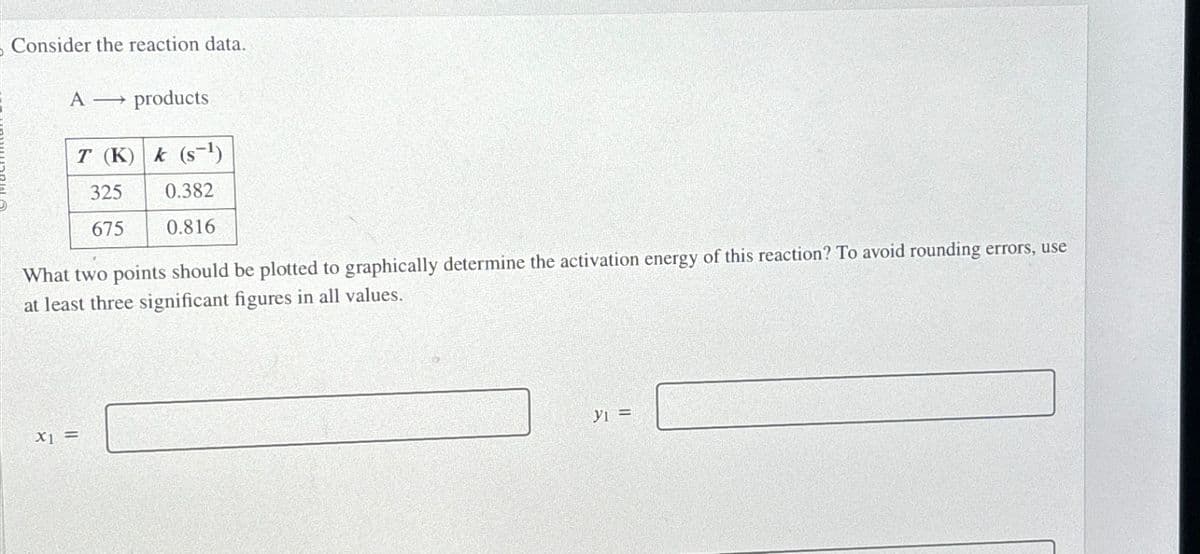 Consider the reaction data.
A→ products
T (K) k (S-¹)
325
0.382
675
0.816
What two points should be plotted to graphically determine the activation energy of this reaction? To avoid rounding errors, use
at least three significant figures in all values.
x₁ =
yı