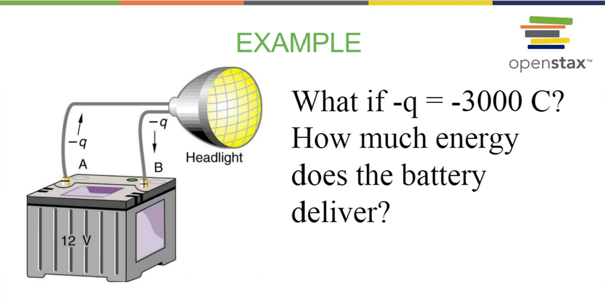 q
A
12 V
-9
B
EXAMPLE
Headlight
=
openstax™
What if-q = -3000 C?
How much energy
does the battery
deliver?