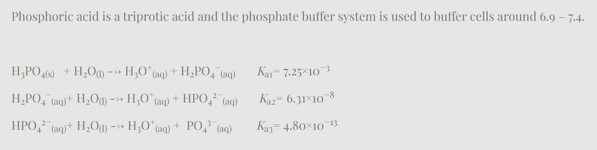 Phosphoric acid is a triprotic acid and the phosphate buffer system is used to buffer cells around 6.9 – 7.4.
H3PO4(s) + H2O(1) -> H3O+ (aq) + H₂PO4 (aq)
H2PO4(aq)+ H2O(1) -> H3O+ (aq) + HPO4²¯ (aq)
HPO4²¯ (aq) + H2O(1) -> H3O+ (aq) + PO4³¯ (aq)
Kai= 7.25×10¯³
Ka2= 6.31×10-8
Ka3 = 4.80×10¯13