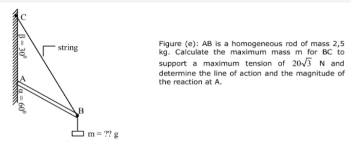 Figure (e): AB is a homogeneous rod of mass 2,5
kg. Calculate the maximum mass m for BC to
support a maximum tension of 203 N and
determine the line of action and the magnitude of
the reaction at A.
string
Om= ?? g
B= 30°
lla = 60°
