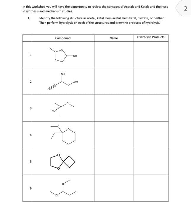 In this workshop you will have the opportunity to review the concepts of Acetals and Ketals and their use
in synthesis and mechanism studies.
I.
3
5
Identify the following structure as acetal, ketal, hemiacetal, hemiketal, hydrate, or neither.
Then perform hydrolysis on each of the structures and draw the products of hydrolysis.
Compound
D
OH
OH
ملے
OH
x
HO
70
Ľ
Name
Hydrolysis Products
2