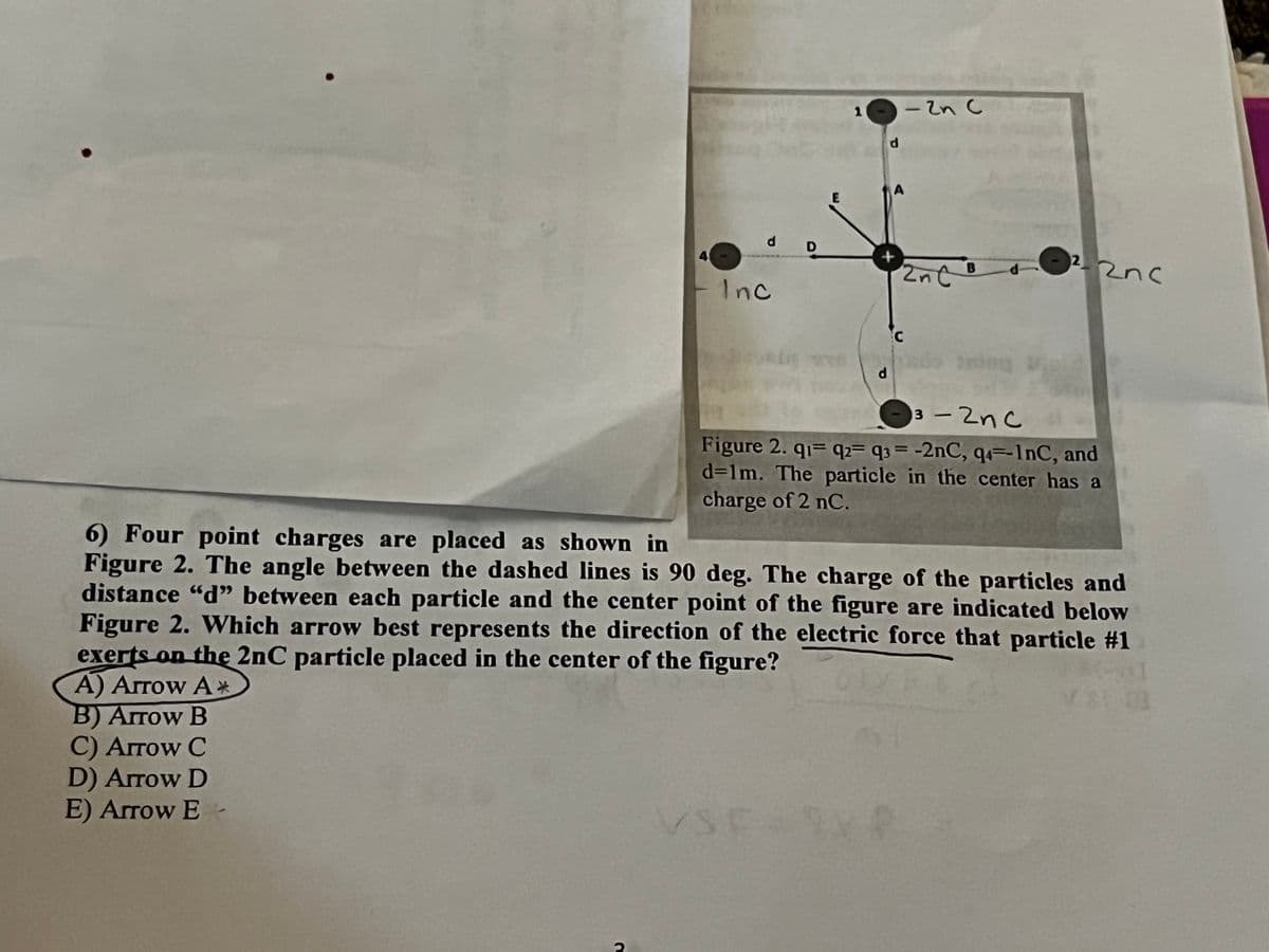 Inc
d
1
d
A
E
- 2n C
D
+
2n C
C
d
B
22nc
6) Four point charges are placed as shown in
3 - 2n c
Figure 2. q1= q2= q3=-2nC, q4=1nC, and
d=1m. The particle in the center has a
charge of 2 nC.
Figure 2. The angle between the dashed lines is 90 deg. The charge of the particles and
distance "d" between each particle and the center point of the figure are indicated below
Figure 2. Which arrow best represents the direction of the electric force that particle #1
exerts on the 2nC particle placed in the center of the figure?
A) Arrow A*
B) Arrow B
C) Arrow C
D) Arrow D
E) Arrow E
VSF=