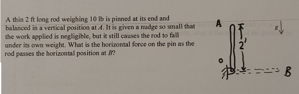 A thin 2 ft long rod weighing 10 lb is pinned at its end and
balanced in a vertical position at A. It is given a nudge so small that
the work applied is negligible, but it still causes the rod to fall
under its own weight. What is the horizontal force on the pin as the
rod passes the horizontal position at B?
A
B
g
ニニンB