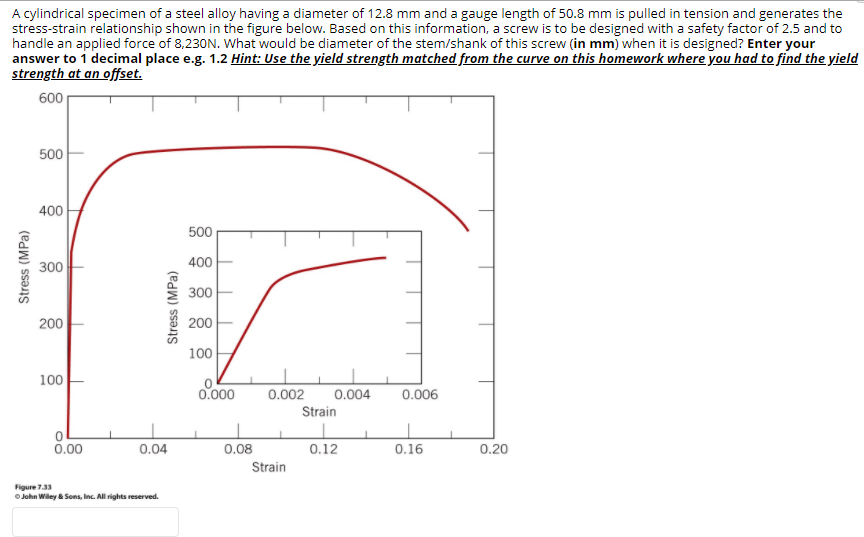 A cylindrical specimen of a steel alloy having a diameter of 12.8 mm and a gauge length of 50.8 mm is pulled in tension and generates the
stress-strain relationship shown in the figure below. Based on this information, a screw is to be designed with a safety factor of 2.5 and to
handle an applied force of 8,230N. What would be diameter of the stem/shank of this screw (in mm) when it is designed? Enter your
answer to 1 decimal place e.g. 1.2 Hint: Use the yield strength matched from the curve on this homework where you had to find the yield
strength at an offset.
600
500
400
500
300
400
300
200
200
100
100
0.000
0.002
0.004
0.006
Strain
0.00
0.04
0.08
0.12
0.16
0.20
Strain
Figure 7.33
OJohn Wiley & Sons, Inc. All rights reserved.
Stress (MPa)
Stress (MPa)
